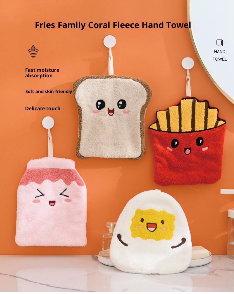Lillian French Fries Family Hanging Hand Absorbent, Large And Thick, Odorless Coral Fleece Square Towel, Kitchen Handkerchief_voghion.com