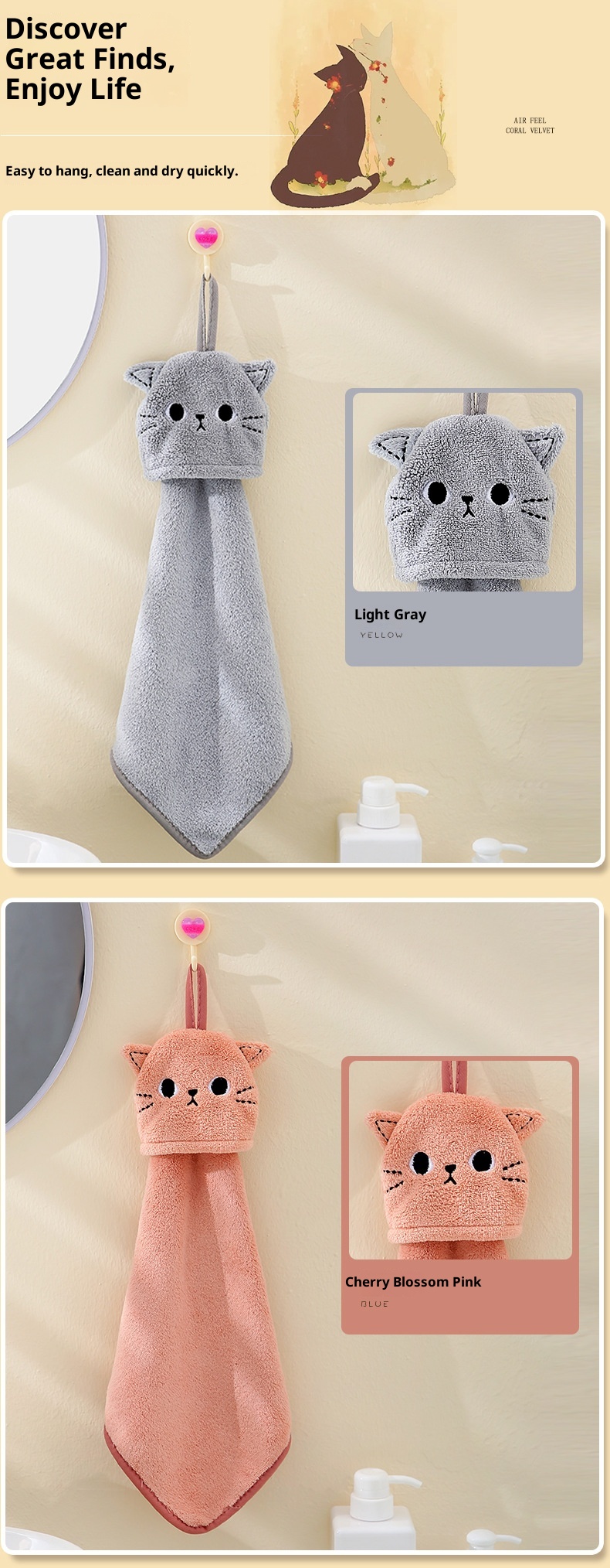 Lillian Korallenvlies Niedliches Katzen-Stickerei Hand Hängendes Saugfähiges Küchen-Badezimmer-Doppelverwendungs-Quadrathandtuch Großhandel_voghion.com