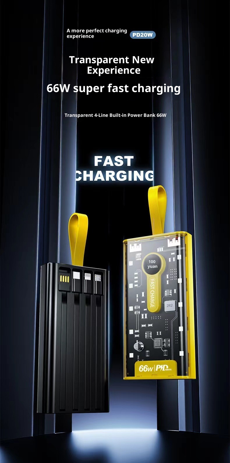 techglobe Cross-border Fast Charging 66W Transparent 20000mAh Bank Punk Style With Built-in Night Light Digital Display Portable_voghion.com
