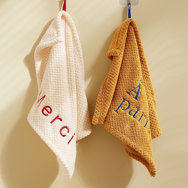 Lillian Nordic Simple Hanging Hand With Letter Embroidery Coral Fleece Absorbent Cloth For Small Children Towel_voghion.com