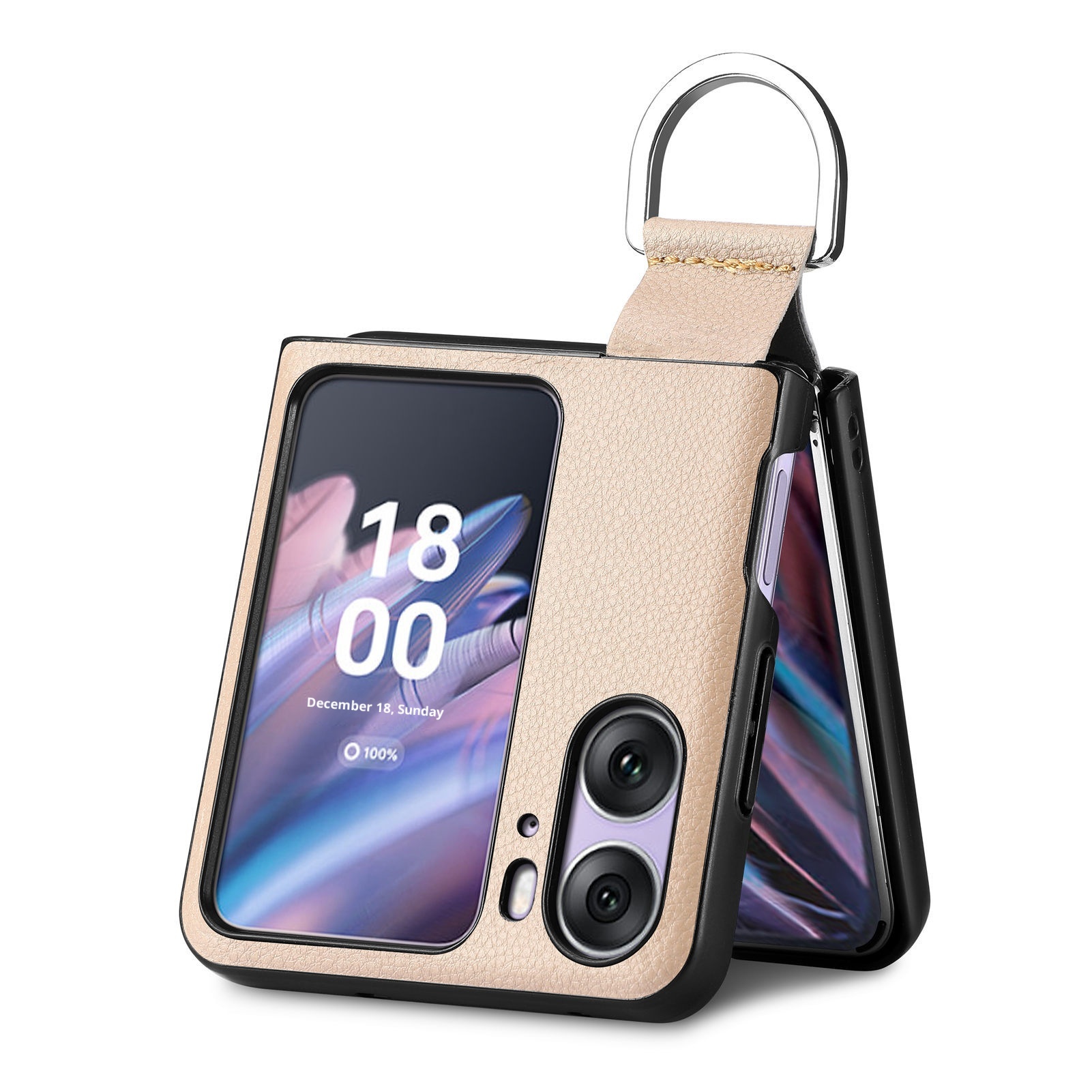 TechGlobe Compatibel met Oppo Find N3 Flip-telefoonhoesje Lychee-patroon Effen kleur Leren ringhouder Omhoog en omlaag vouwbaar scherm_voghion.com