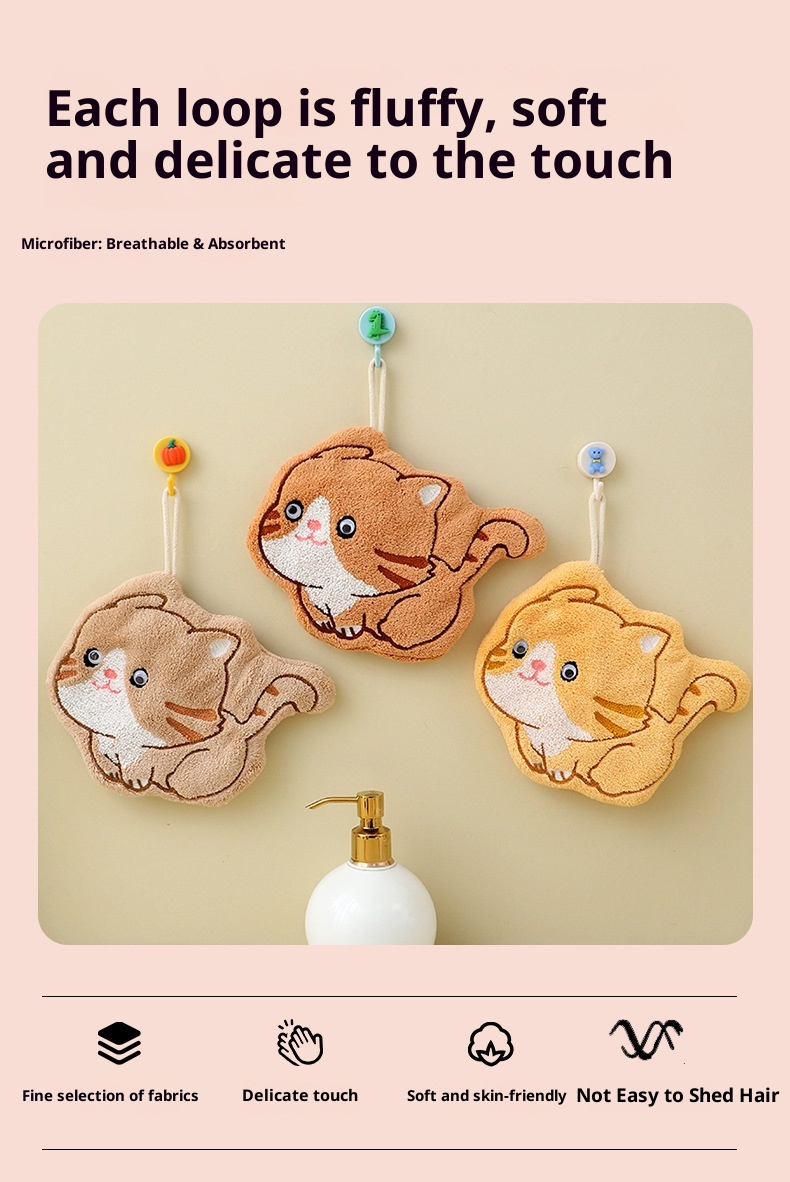 Lillian Factory In-Stock Cartoon Kitten Coral Fleece Hanging Hand Towel Bathroom Kitchen Cloth Wholesale_voghion.com