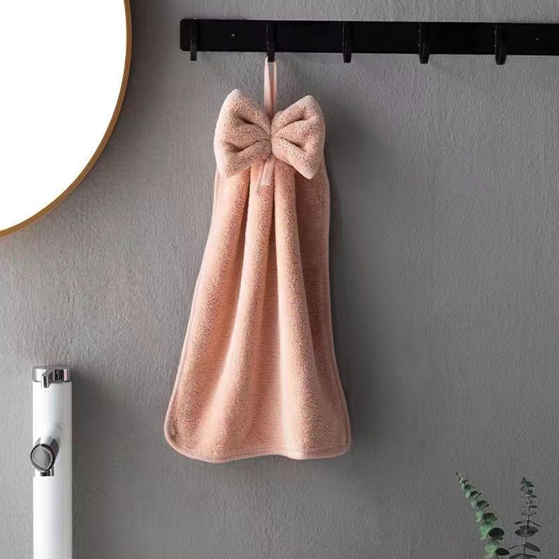 Lillian Cross-Border Bowknot Hand Coral Fleece Absorbent Bathroom Hanging Towel Strong Absorbency Quick-Dry_voghion.com