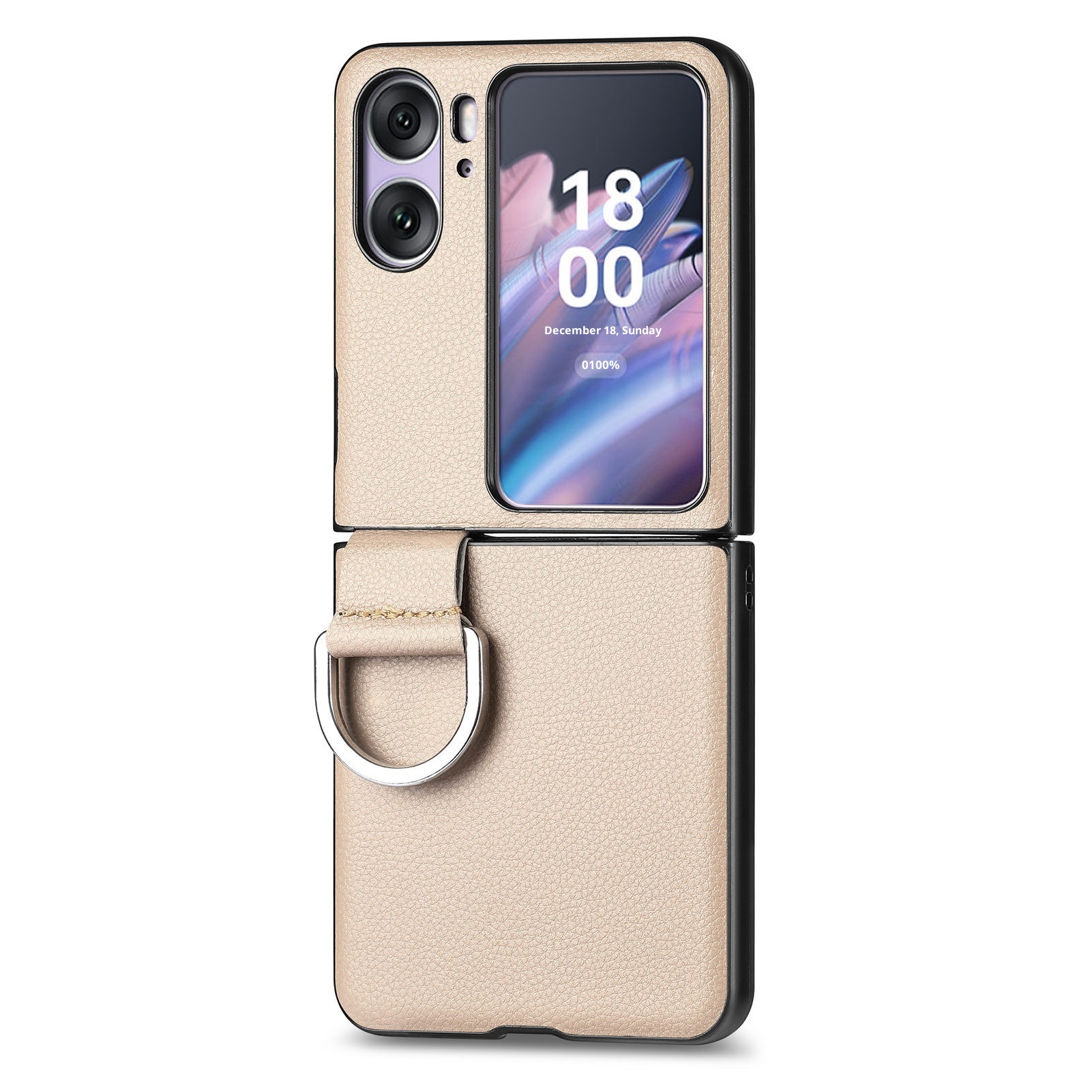 TechGlobe Compatibel met Oppo Find N3 Flip-telefoonhoesje Lychee-patroon Effen kleur Leren ringhouder Omhoog en omlaag vouwbaar scherm_voghion.com