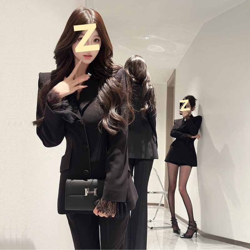 Ragazza Ragazza Blazer con maniche patchwork in pizzo nero per donna, elegante set casual da due pezzi per autunno inverno con pantaloni lunghi_voghion.com