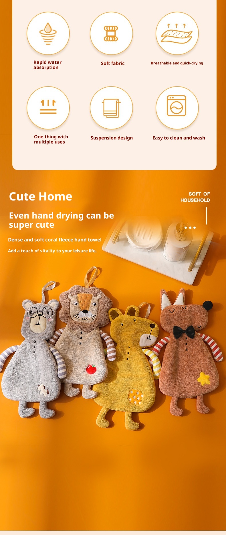 Lillian Cartoon Animal Shaped Coral Fleece Hand Bathroom Hanging Absorbent Kitchen Thick Embroidered Square Towel Cross-Border_voghion.com