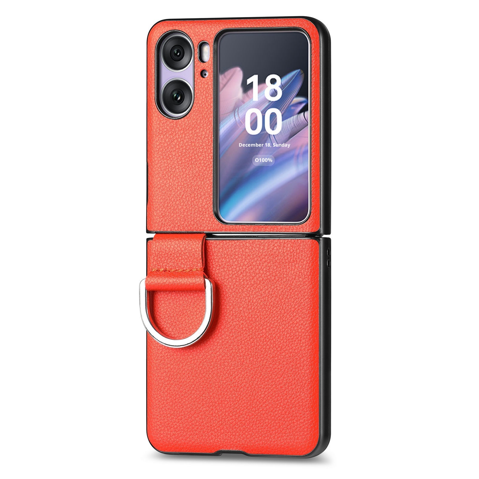 TechGlobe Compatibel met Oppo Find N3 Flip-telefoonhoesje Lychee-patroon Effen kleur Leren ringhouder Omhoog en omlaag vouwbaar scherm_voghion.com