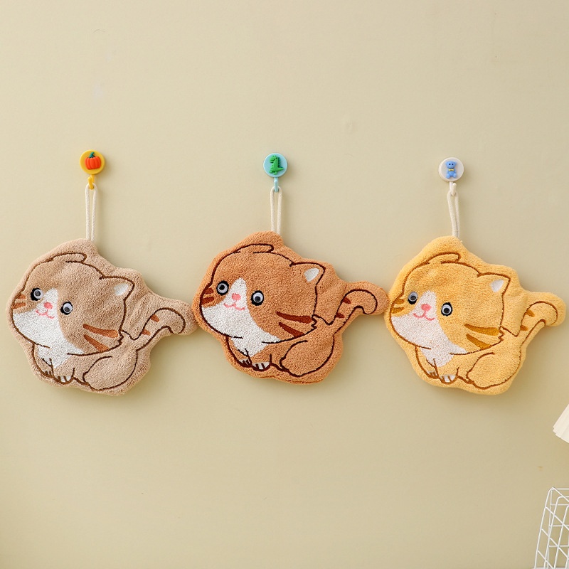 Lillian Factory In-Stock Cartoon Kitten Coral Fleece Hanging Hand Towel Bathroom Kitchen Cloth Wholesale_voghion.com