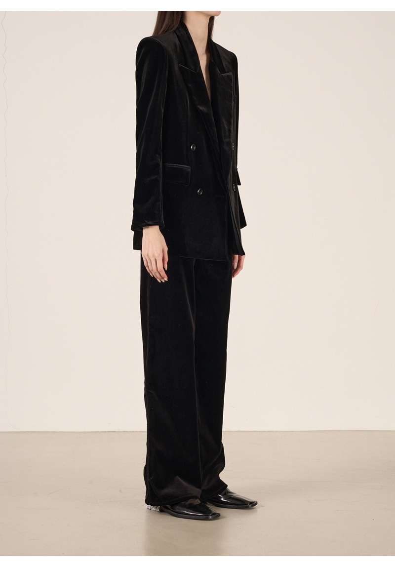 girl Girl YIMENG Light High-End Feel Black Velvet Peak Lapel Women's Blazer Waist-Cinching Vest Straight-Leg Pants Suit_voghion.com