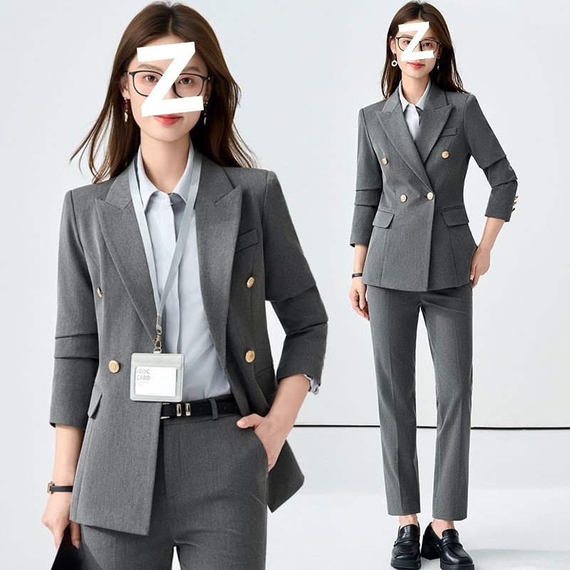 girl Girl Gray Set For Women, Double-Breasted, Petite Formal Wear, College Student Exam Interview Professional Suit_voghion.com