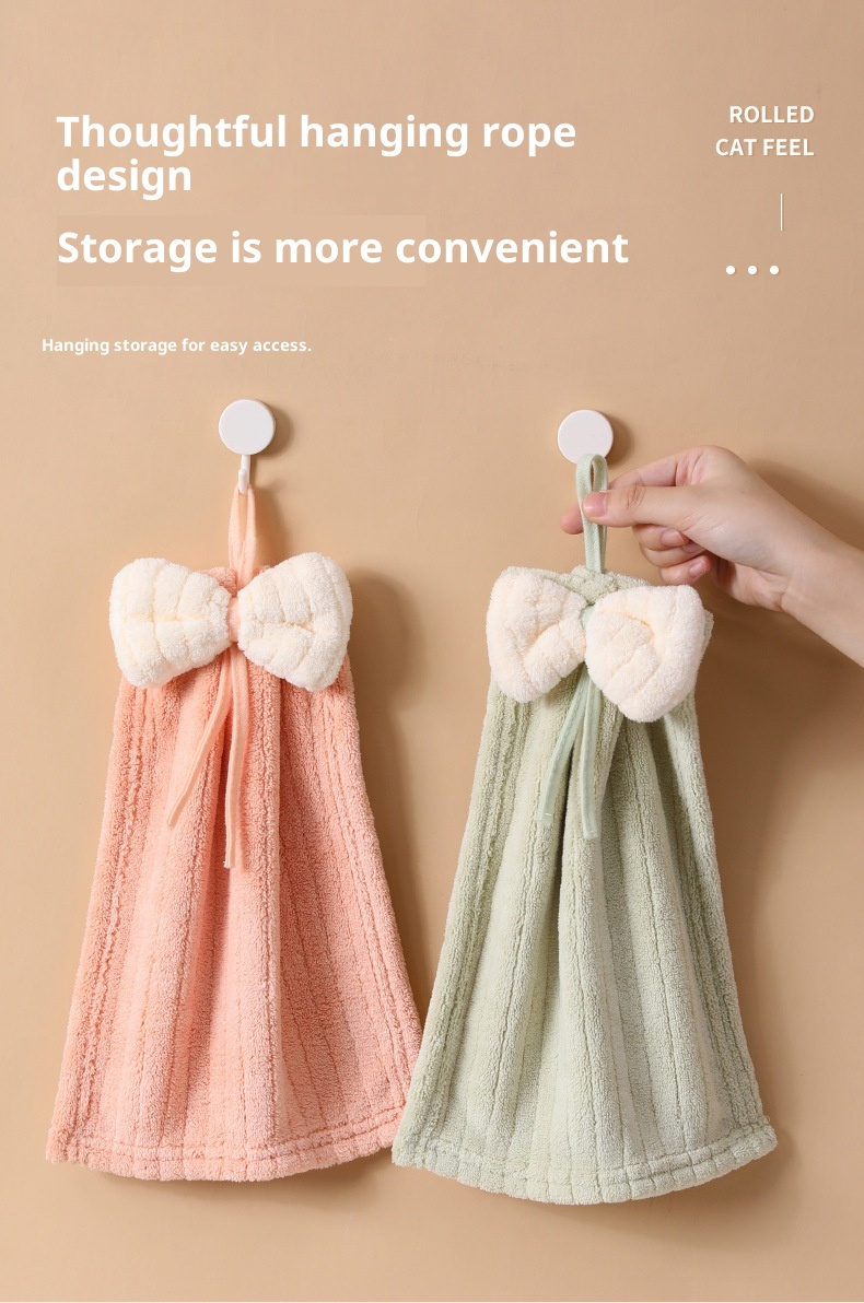Lillian Hanging Cute Cartoon Bowknot Absorbent Towel Coral Fleece Bathroom Kitchen Hand Cloth_voghion.com