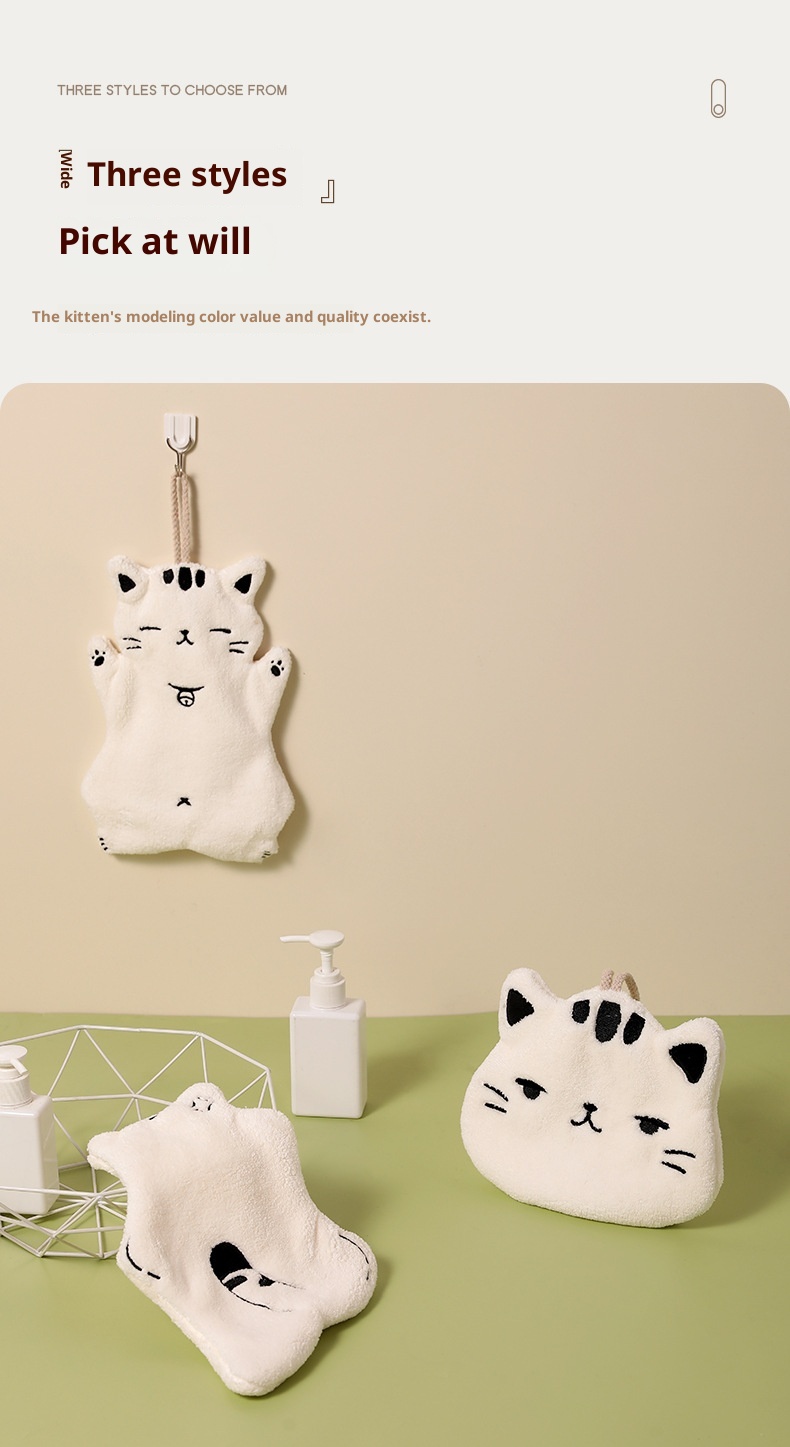 Lillian Absorbent Cute Cat Bathroom Kitchen Hanging Non-Shedding Coral Fleece Small Hand Towel_voghion.com