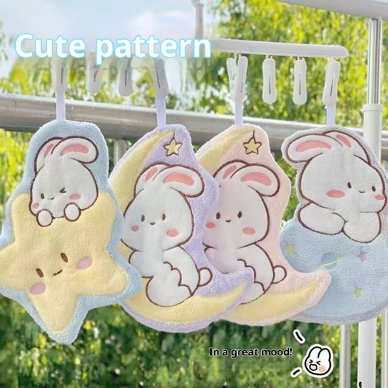 Lillian Cartoon Moon Rabbit Soft Absorbent Children's Household Hanging Hand Towel Quick-Dry Kitchen Cloth_voghion.com