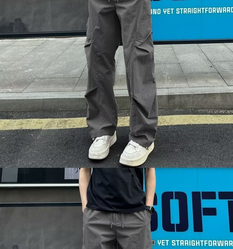 boy Light Gray Wrinkle Quick-Dry Men Summer Thin Paratrooper Cargo Pants American Style Straight-Leg Hiking Trousers_voghion.com