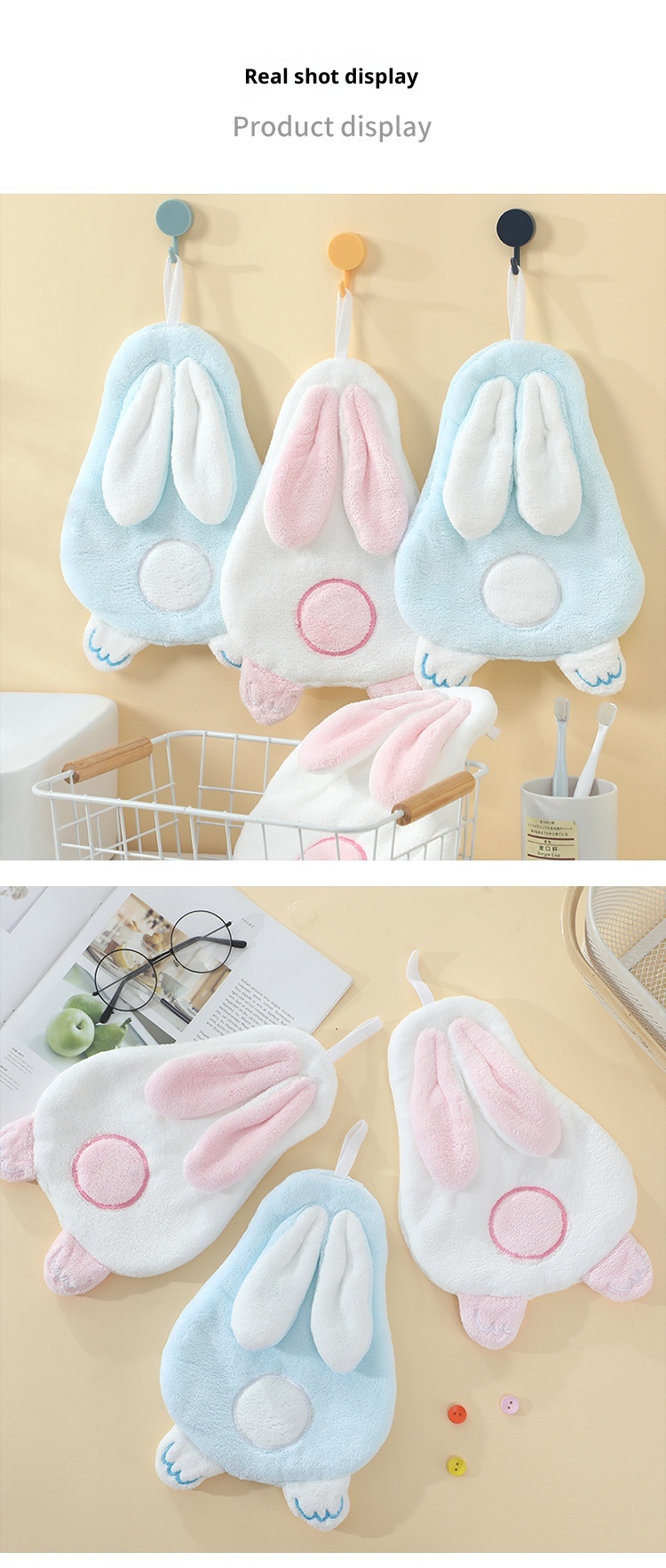 Lillian In Stock Dropshipping Cute Rabbit Soft Absorbent Back Shadow Bunny Baby Hand Children Cartoon Hanging Towel_voghion.com