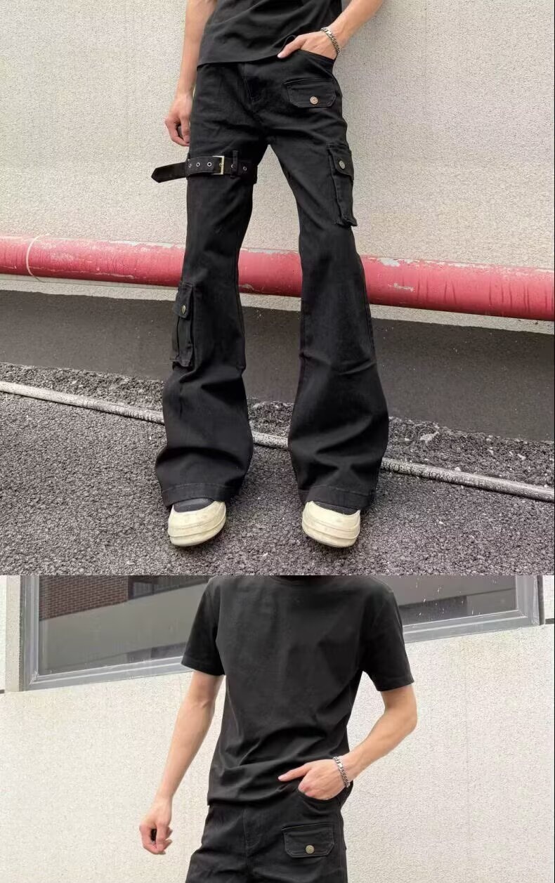 Jean cargo évasé à lacets noir pour homme, collection printemps-automne, style américain tendance, coupe slim et jambes pattes d'éléphant._voghion.com