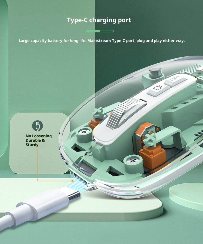 Mouse ottico da gioco silenzioso per computer, modello ricaricabile, trasparente, wireless, Bluetooth, a tre modalità, personalizzato da Techglobe_voghion.com