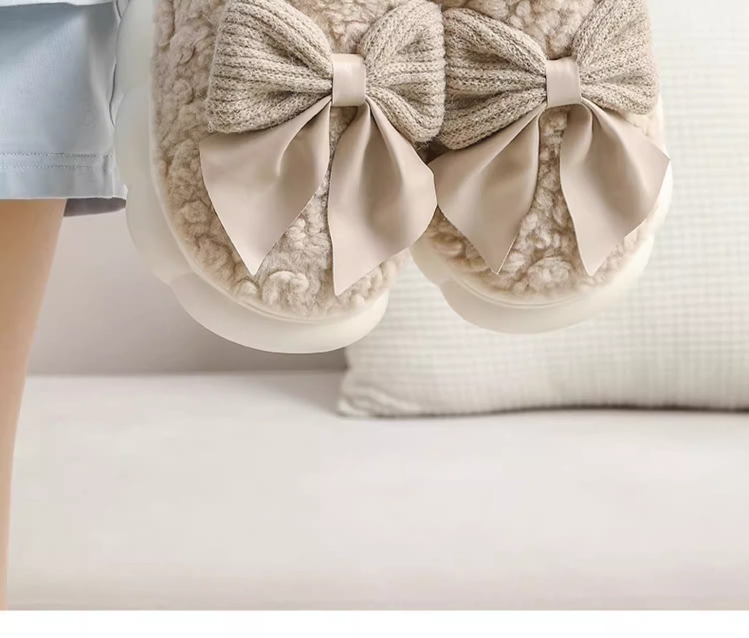 Zees Closed-Toe Cotton Autumn And Indoor Bowknot Warm Thick-Soled Home Furry Slippers For Women, Postpartum Winter_voghion.com