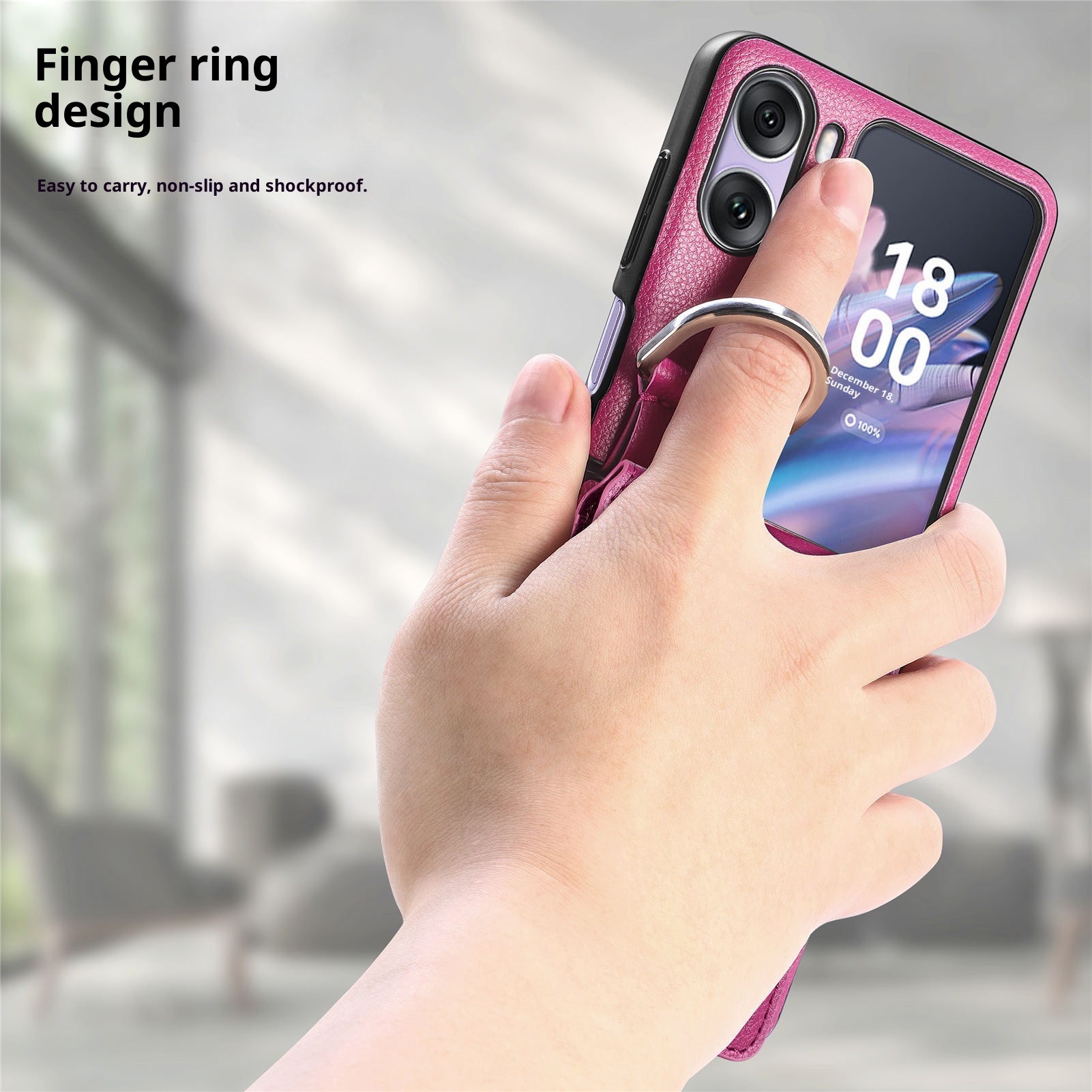 TechGlobe Compatible With OPPO Find N3 Lychee Pattern Flip Cover Holder Ring Phone Case Multi-Functional Card Slot Stand_voghion.com