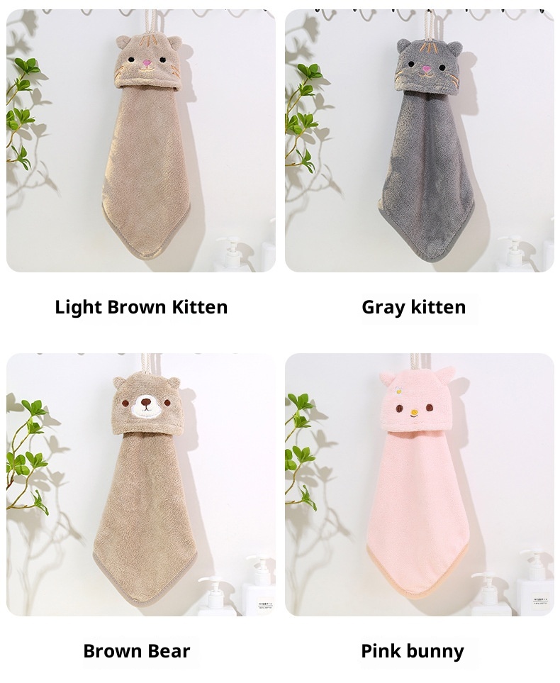 Lillian Wholesale Cartoon Cute Children's Kitchen Bathroom Washing Absorbent Coral Fleece Hanging Hand Towel_voghion.com