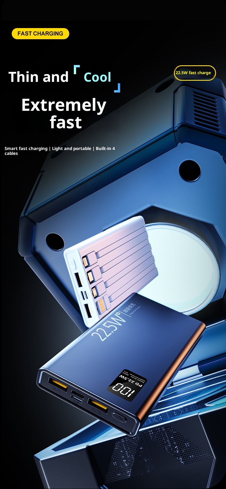 techglobe 22.5W Two-Way Fast Charging Built-in Cable Power Bank 20000mAh Large Capacity Portable Custom Creative_voghion.com