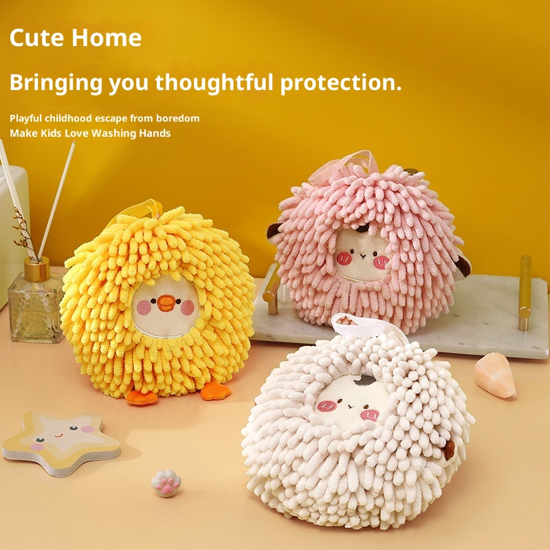Lillian Cute Cartoon Sheep Chenille Ball Hanging Hand Towel Kitchen Thickened Absorbent Quick-Dry Bathroom Decoration_voghion.com
