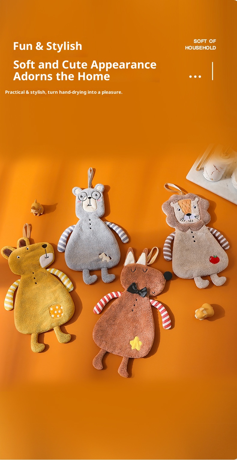 Lillian Cartoon Animal Shaped Coral Fleece Hand Bathroom Hanging Absorbent Kitchen Thick Embroidered Square Towel Cross-Border_voghion.com