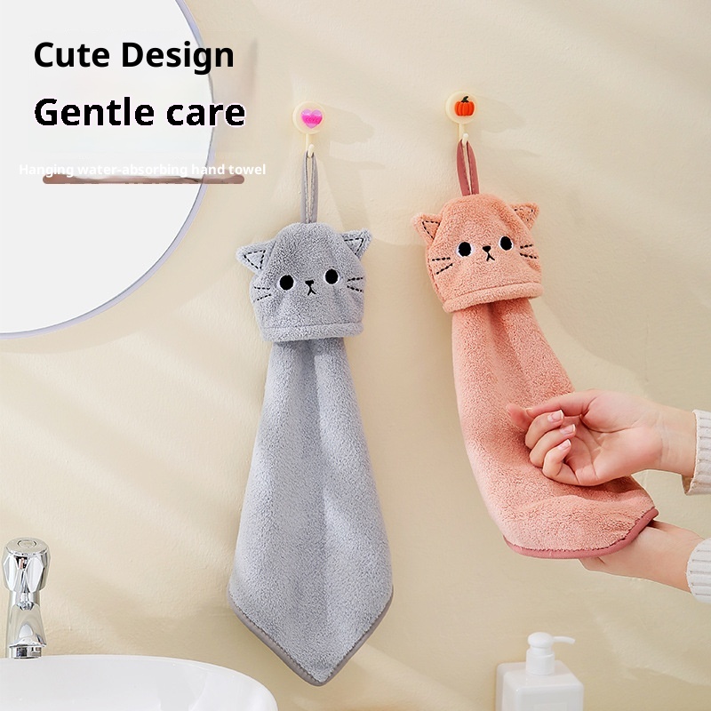 Lillian Korallenvlies Niedliches Katzen-Stickerei Hand Hängendes Saugfähiges Küchen-Badezimmer-Doppelverwendungs-Quadrathandtuch Großhandel_voghion.com