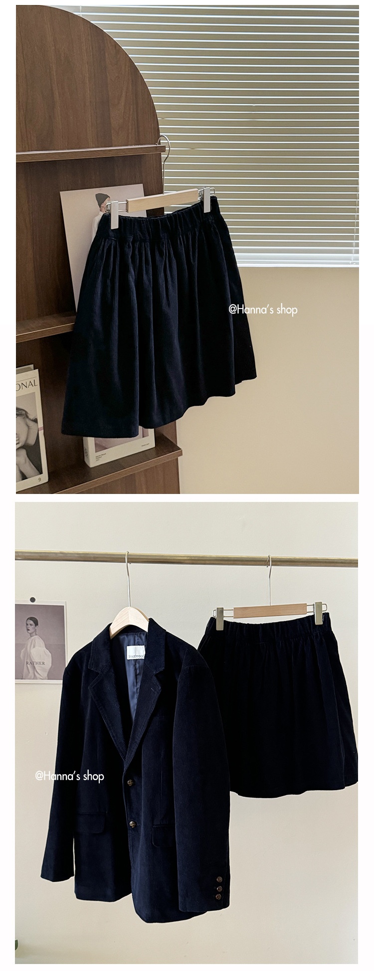 ragazza Ragazza Coreana SMO*THMO*D Retro Velluto a coste Blu Navy Blazer Elastico in Vita Gonna Set per Donna Primavera e Autunno_voghion.com