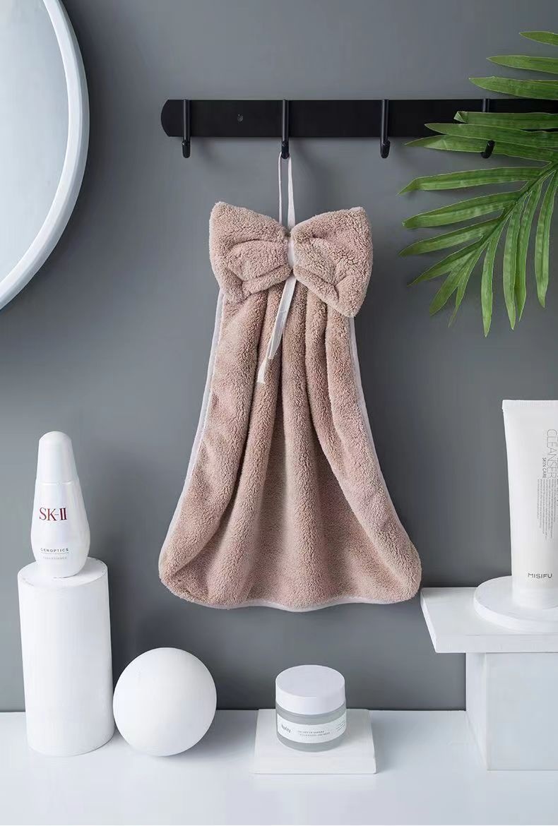 Lillian Cross-Border Bowknot Hand Coral Fleece Absorbent Bathroom Hanging Towel Strong Absorbency Quick-Dry_voghion.com