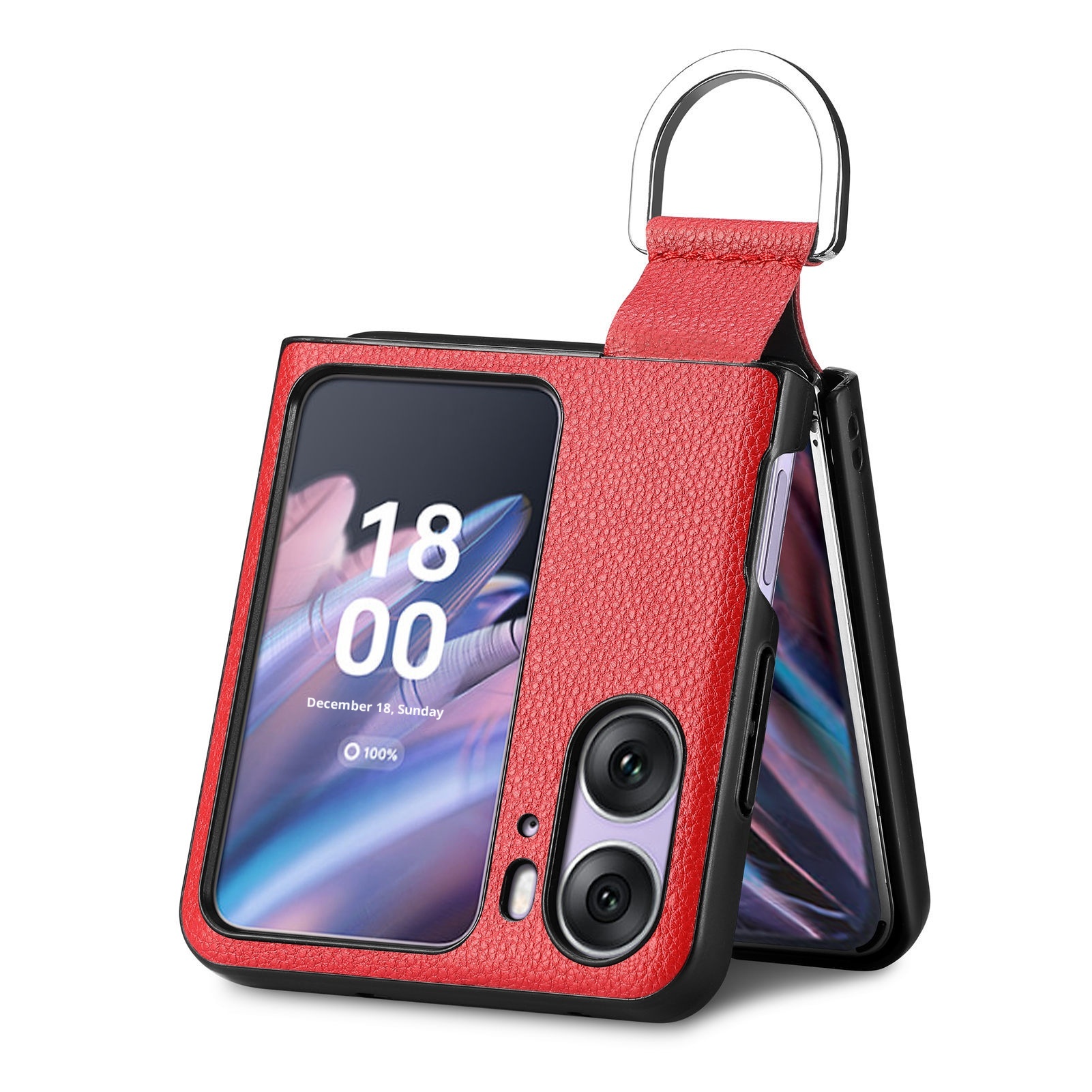 TechGlobe Compatibel met Oppo Find N3 Flip-telefoonhoesje Lychee-patroon Effen kleur Leren ringhouder Omhoog en omlaag vouwbaar scherm_voghion.com