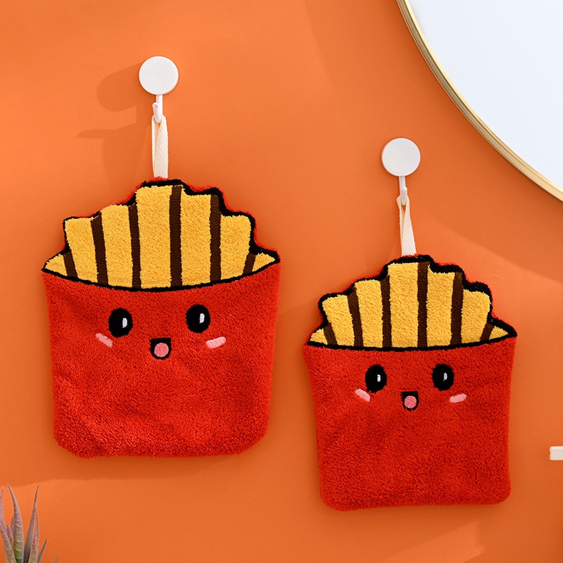 Lillian French Fries Family Hanging Hand Absorbent, Large And Thick, Odorless Coral Fleece Square Towel, Kitchen Handkerchief_voghion.com