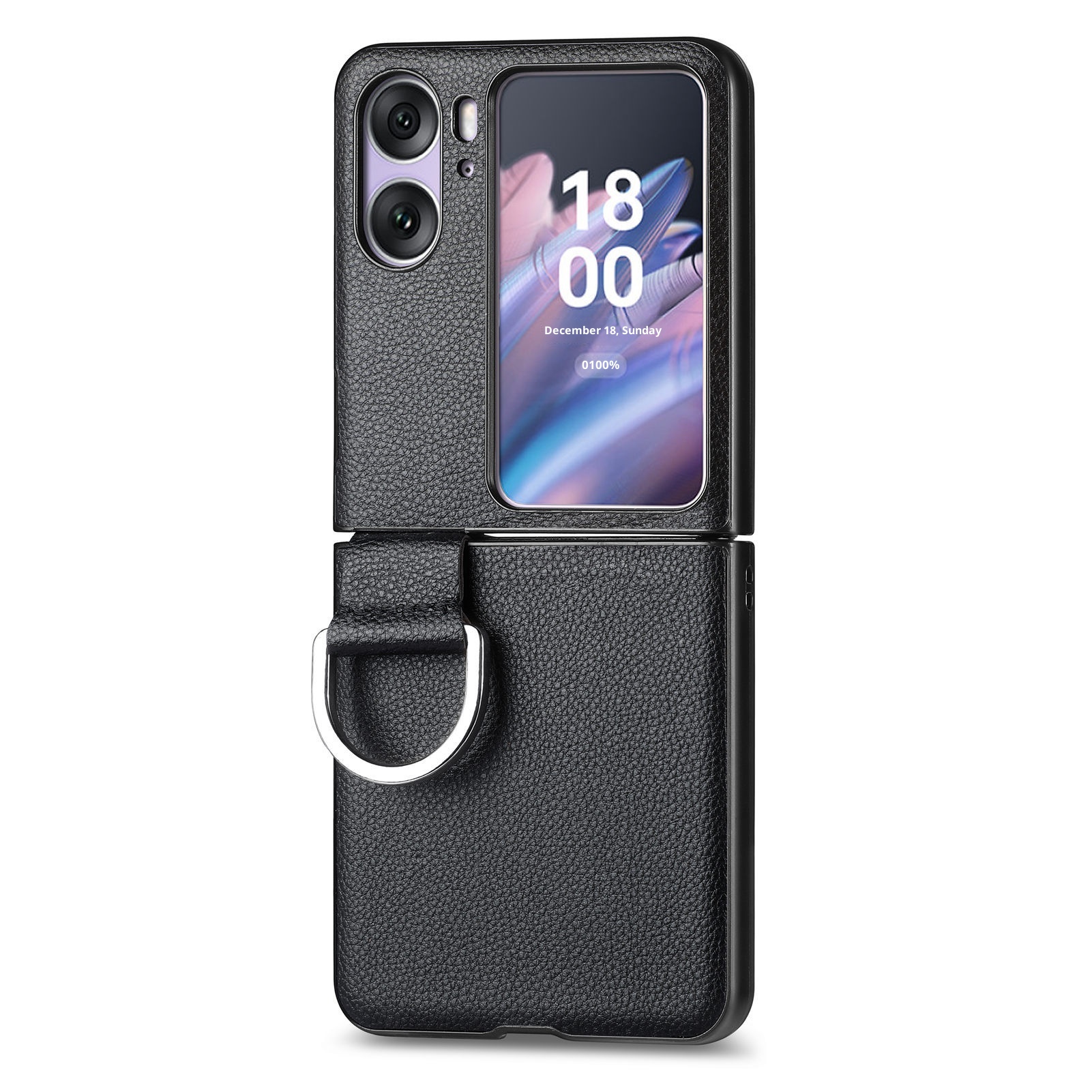 TechGlobe Compatibel met Oppo Find N3 Flip-telefoonhoesje Lychee-patroon Effen kleur Leren ringhouder Omhoog en omlaag vouwbaar scherm_voghion.com