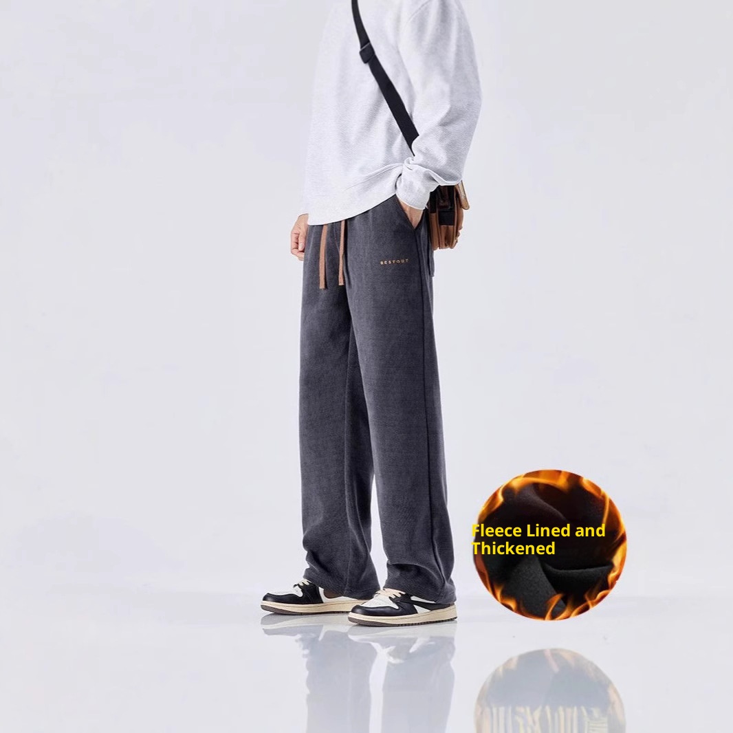 boy Men's Autumn Winter Thickened Fleece Casual 25 New Trendy Corduroy Loose Simple Versatile Straight-Leg Pants_voghion.com