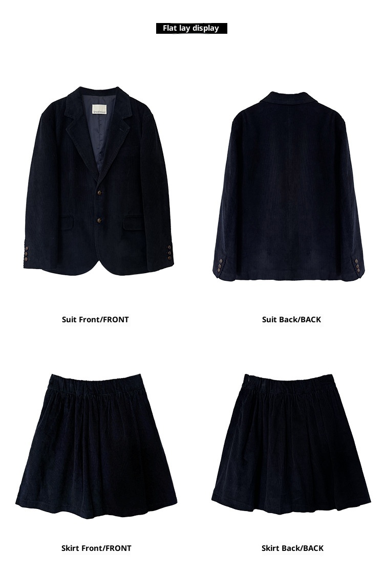 ragazza Ragazza Coreana SMO*THMO*D Retro Velluto a coste Blu Navy Blazer Elastico in Vita Gonna Set per Donna Primavera e Autunno_voghion.com