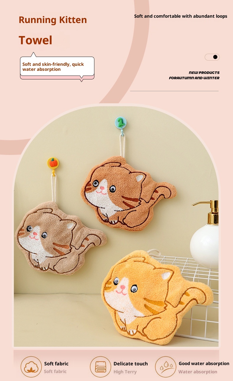 Lillian Factory In-Stock Cartoon Kitten Coral Fleece Hanging Hand Towel Bathroom Kitchen Cloth Wholesale_voghion.com