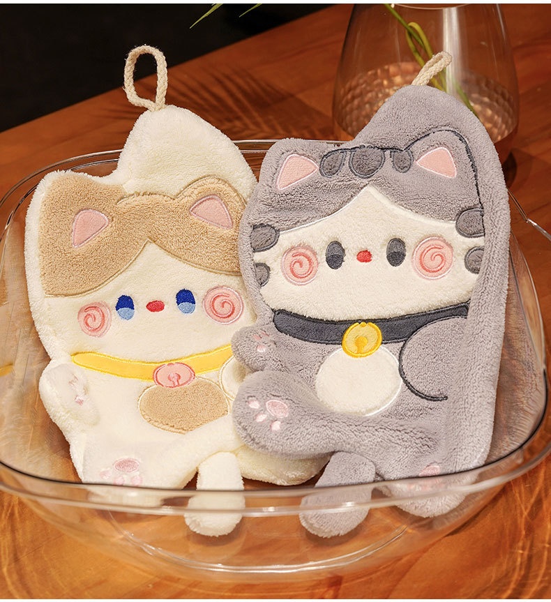 Lillian Cat Cute Hanging Coral Fleece Absorbent Small Kitchen Cloth Children's Hand Towel_voghion.com