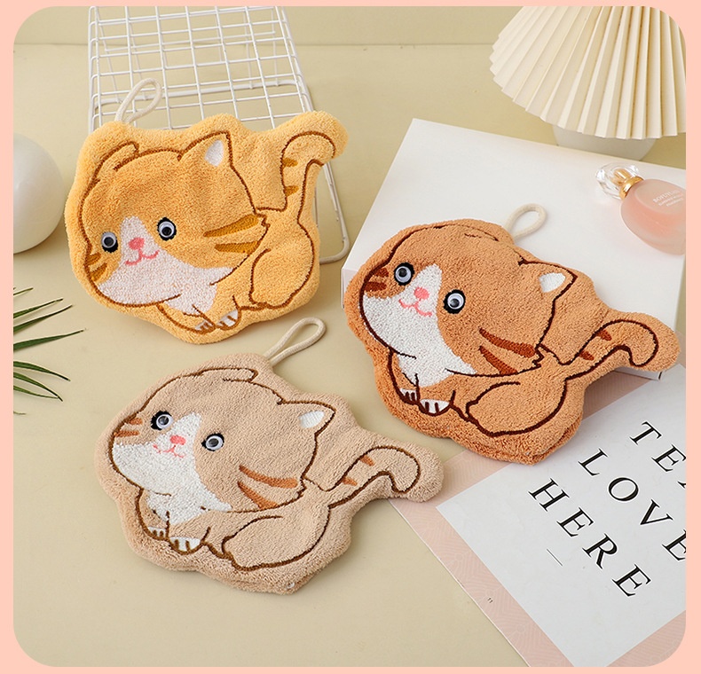 Lillian Factory In-Stock Cartoon Kitten Coral Fleece Hanging Hand Towel Bathroom Kitchen Cloth Wholesale_voghion.com