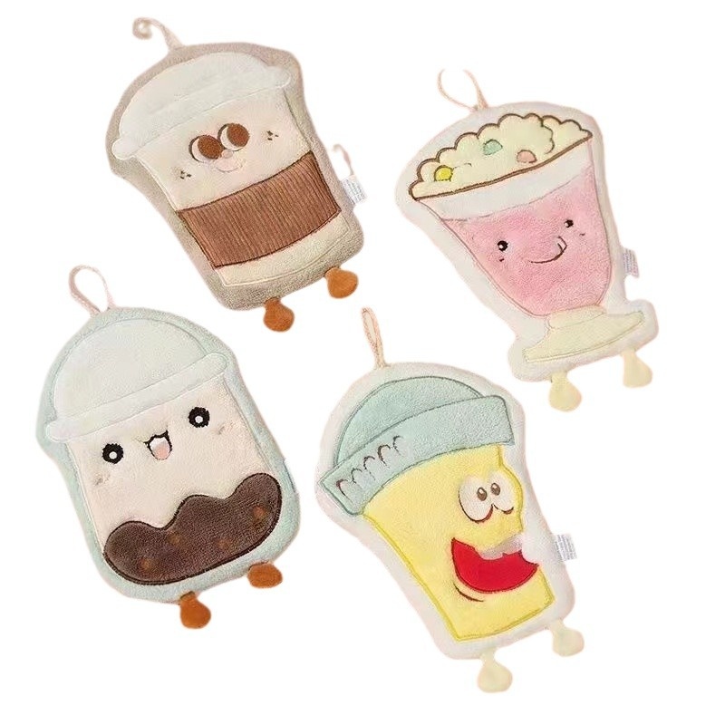Lillian Summer Milk Tea Cute Hand Cartoon Hanging Coral Fleece Absorbent Towel Kitchen Bathroom Children's Handkerchief_voghion.com