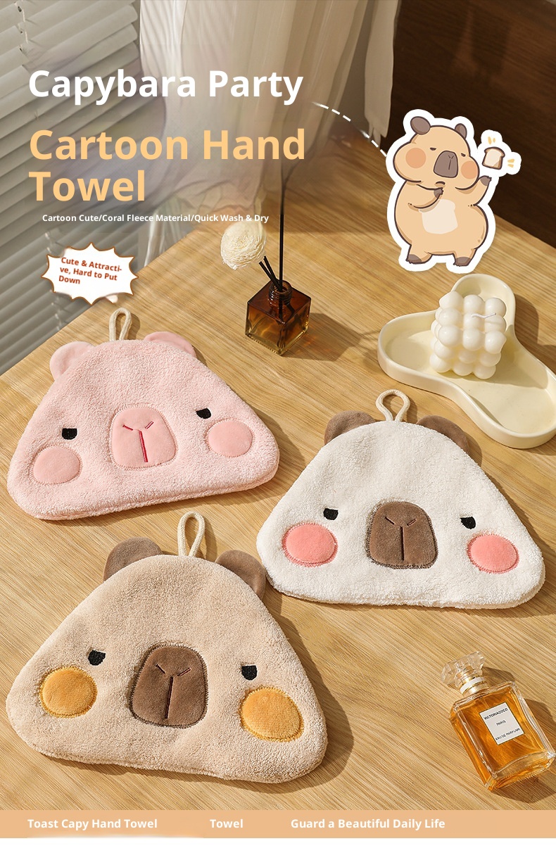 Lillian Capybara Coral Fleece Absorbent Quick-Dry Cartoon Children's Hanging Bathroom Hand Cloth Handkerchief Towel Cute_voghion.com