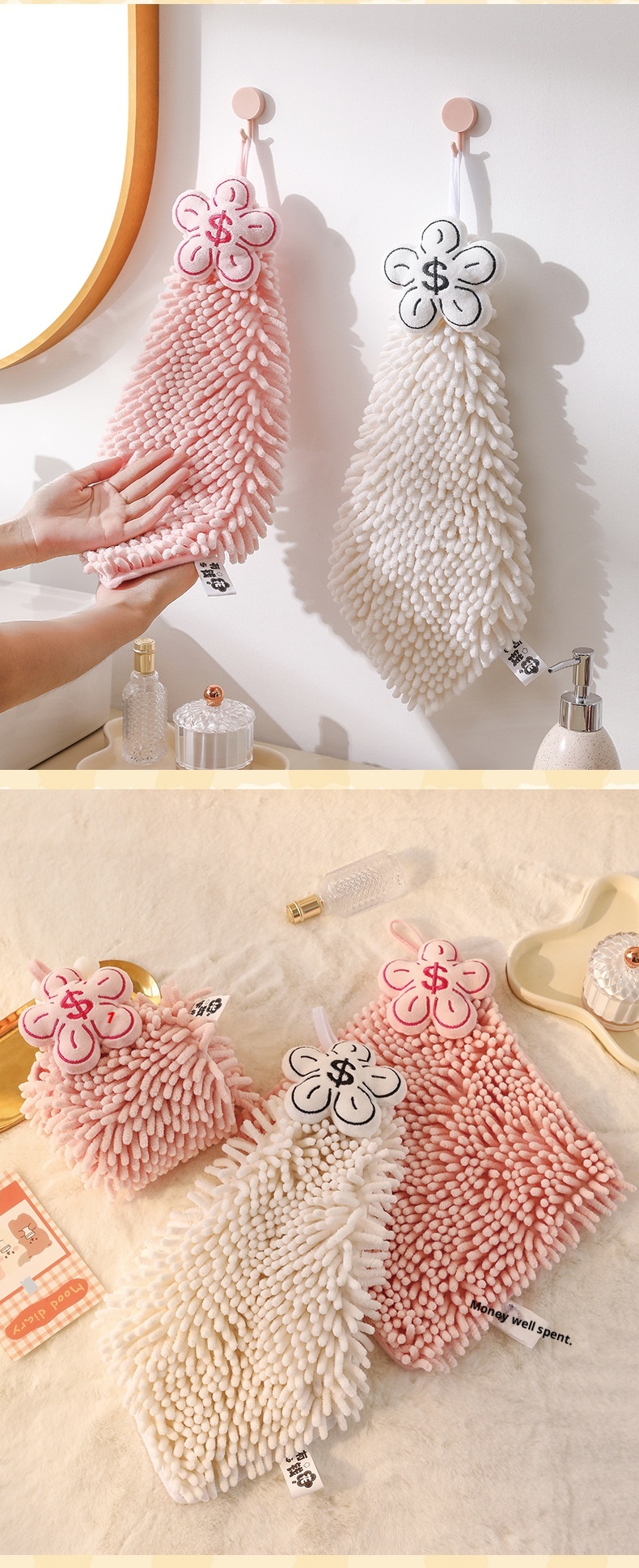 Lillian Rich Flower Series Cute Hanging Chenille Hand Absorbent Towel Kitchen Bathroom Dual-use Handkerchief Cross-border_voghion.com