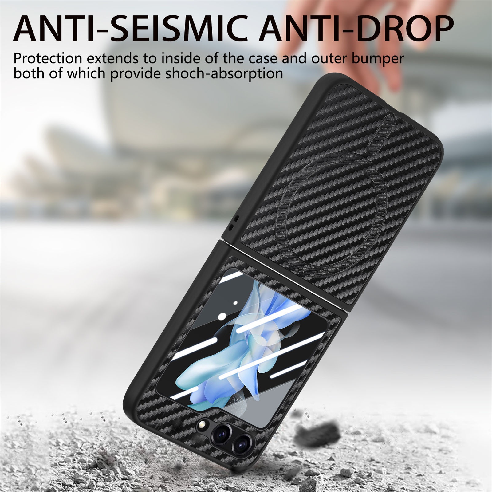 TechGlobe compatibile con Samsung ZFlip6 con motivo in fibra di carbonio, pellicola di ricarica wireless magnetica per telefono integrata, custodia ZFlip5 in scatola_voghion.com