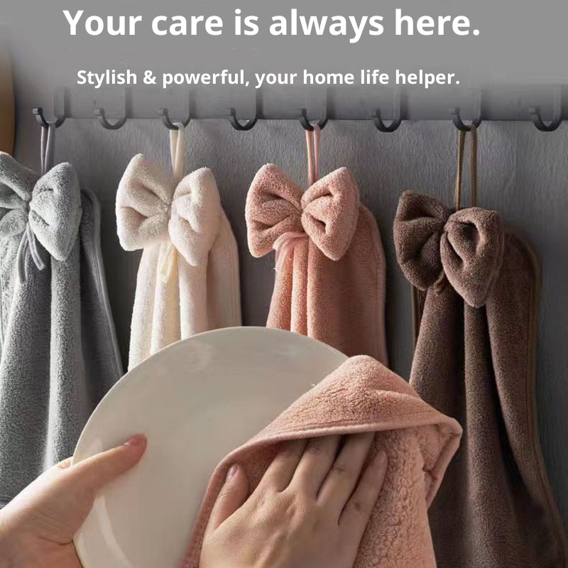 Lillian Cross-Border Bowknot Hand Coral Fleece Absorbent Bathroom Hanging Towel Strong Absorbency Quick-Dry_voghion.com
