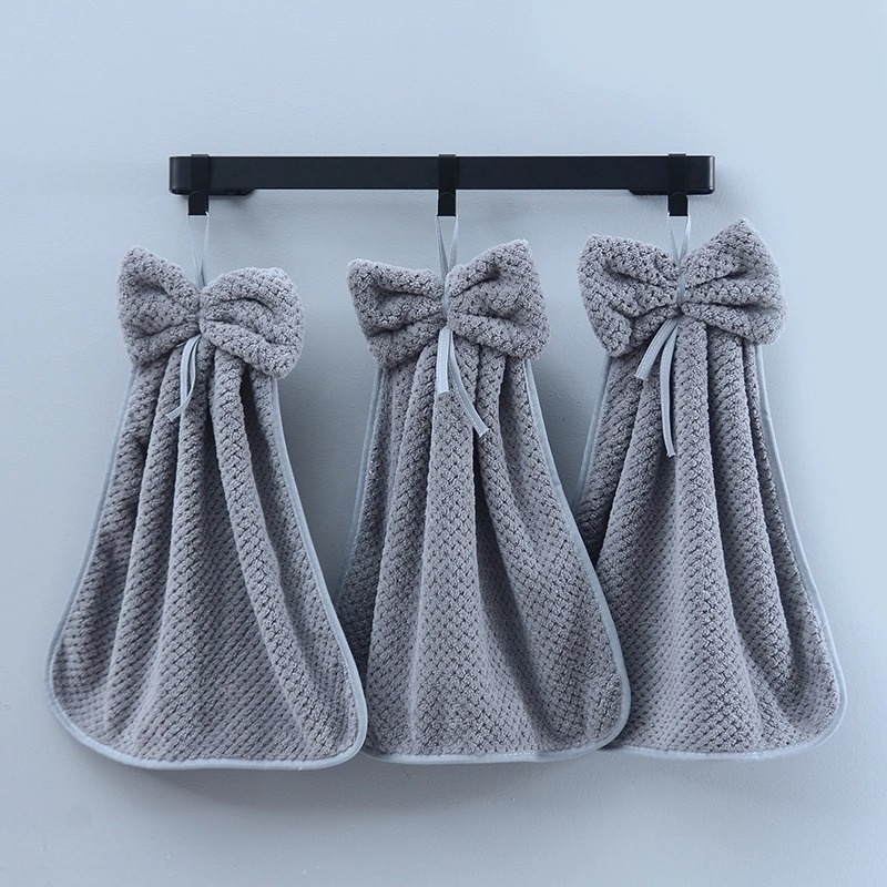Lillian Pineapple Grid Coral Fleece Thickened Absorbent Hanging Bathroom Kitchen Hand Towel Non-Shedding Soft_voghion.com