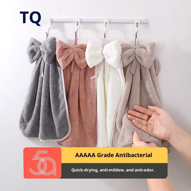 Lillian Cross-border Supermarket Cute Hanging Bow Hand Coral Fleece Soft Absorbent Kitchen Towel Wholesale_voghion.com