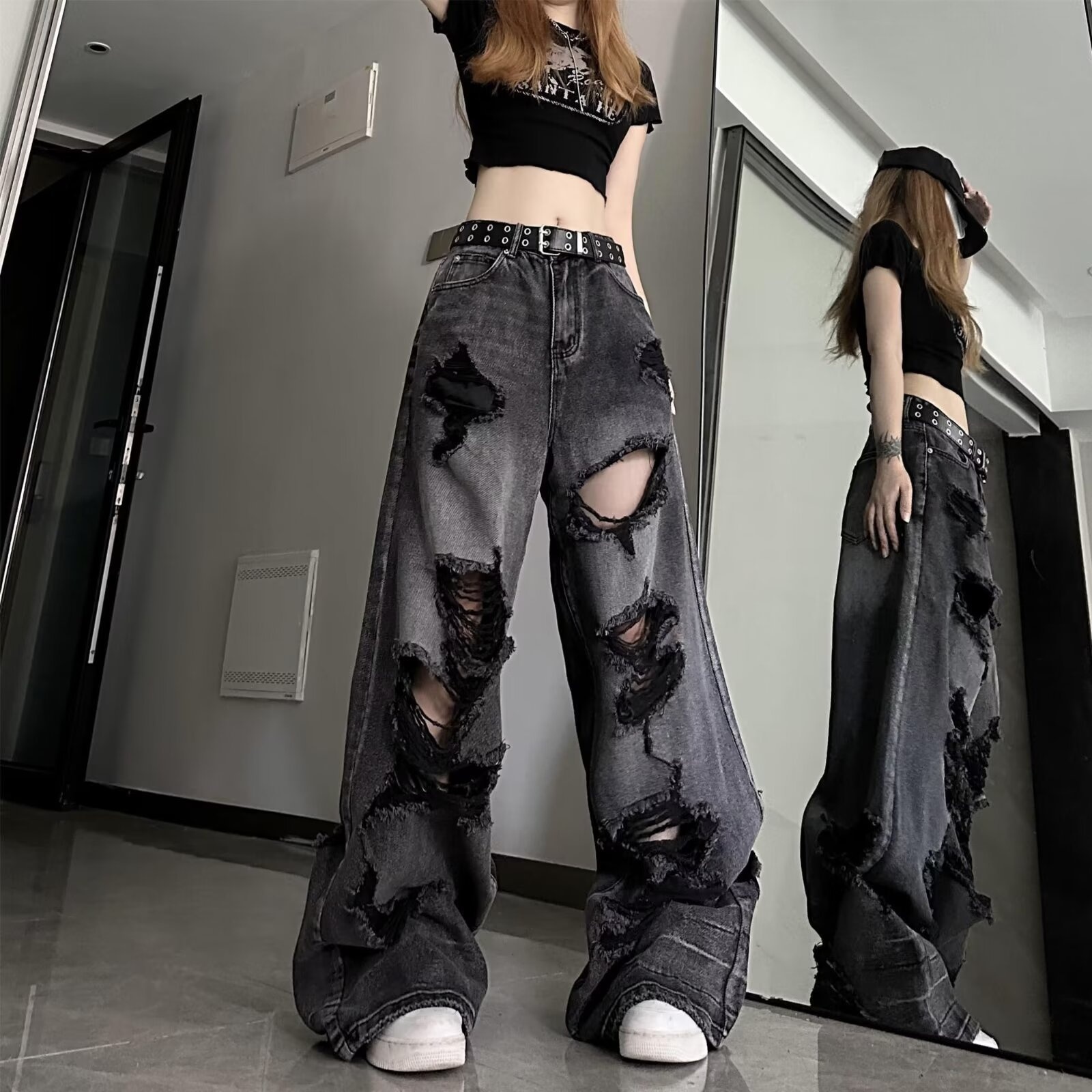 Boy Hong Kong Ripped Jeans Unisex High Street American Pear-Shaped Body European Style Beggar Wide-Leg Long Pants_voghion.com