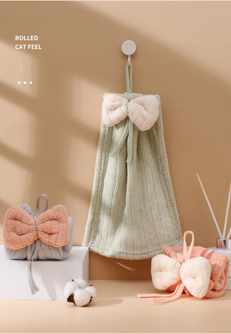 Lillian Hanging Cute Cartoon Bowknot Absorbent Towel Coral Fleece Bathroom Kitchen Hand Cloth_voghion.com