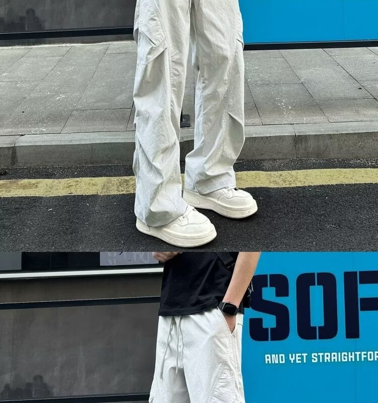 boy Light Gray Wrinkle Quick-Dry Men Summer Thin Paratrooper Cargo Pants American Style Straight-Leg Hiking Trousers_voghion.com