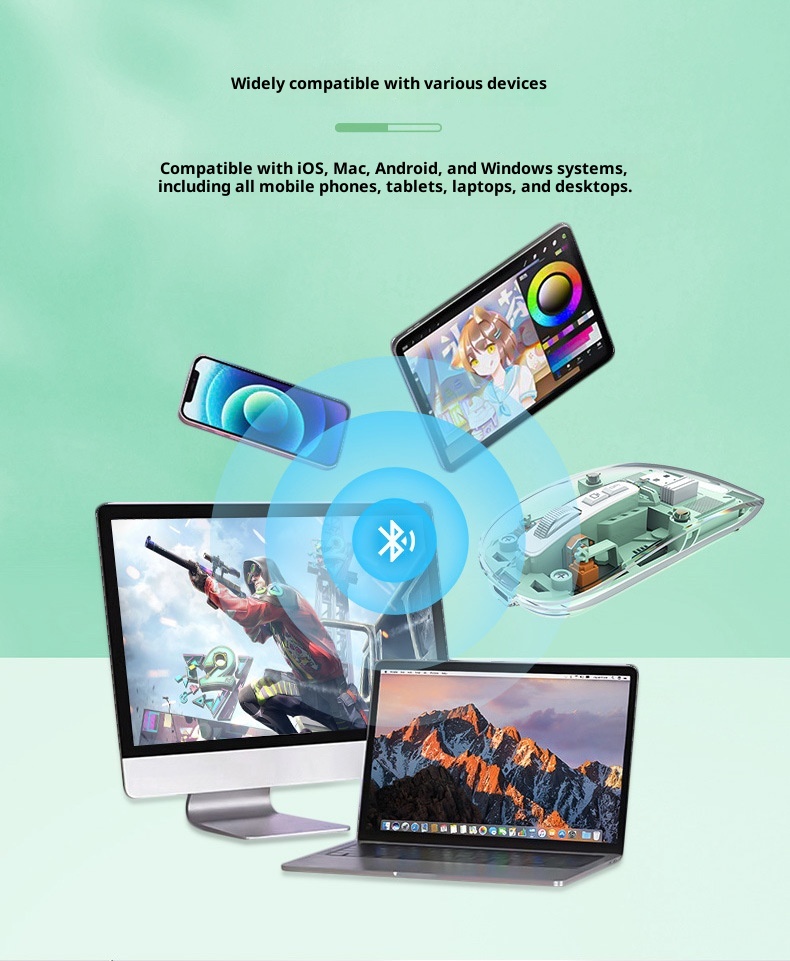 Mouse ottico da gioco silenzioso per computer, modello ricaricabile, trasparente, wireless, Bluetooth, a tre modalità, personalizzato da Techglobe_voghion.com