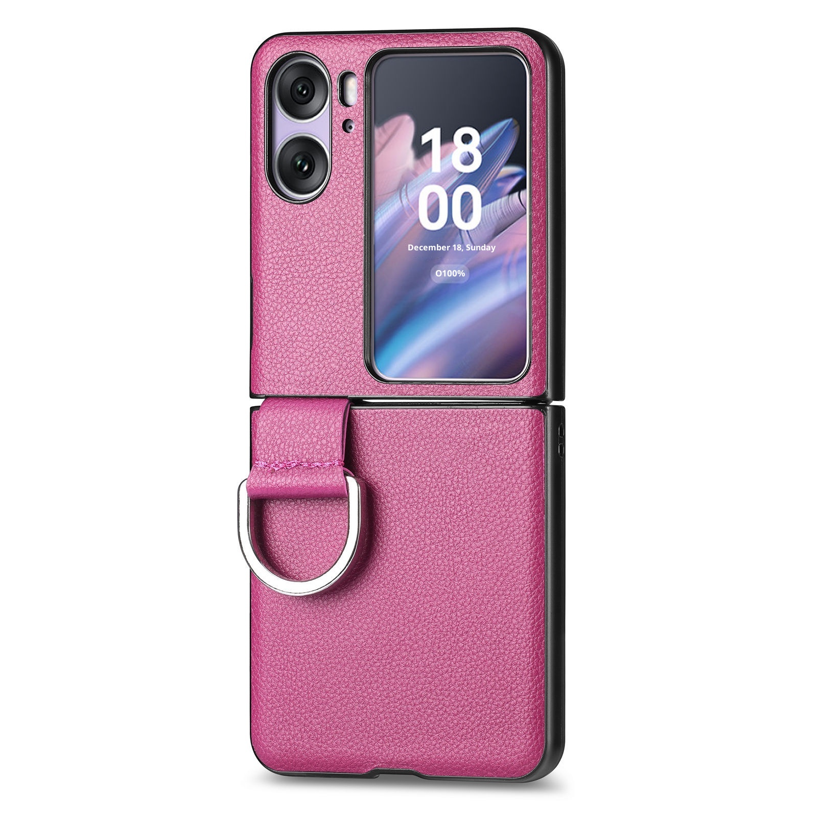 TechGlobe Compatibel met Oppo Find N3 Flip-telefoonhoesje Lychee-patroon Effen kleur Leren ringhouder Omhoog en omlaag vouwbaar scherm_voghion.com